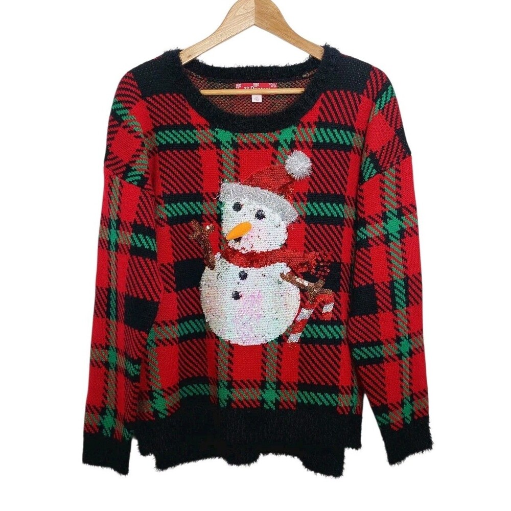 32 Degrees Christmas Sweater Women's Size XL Red Plaid Snowman Sequins Holiday
